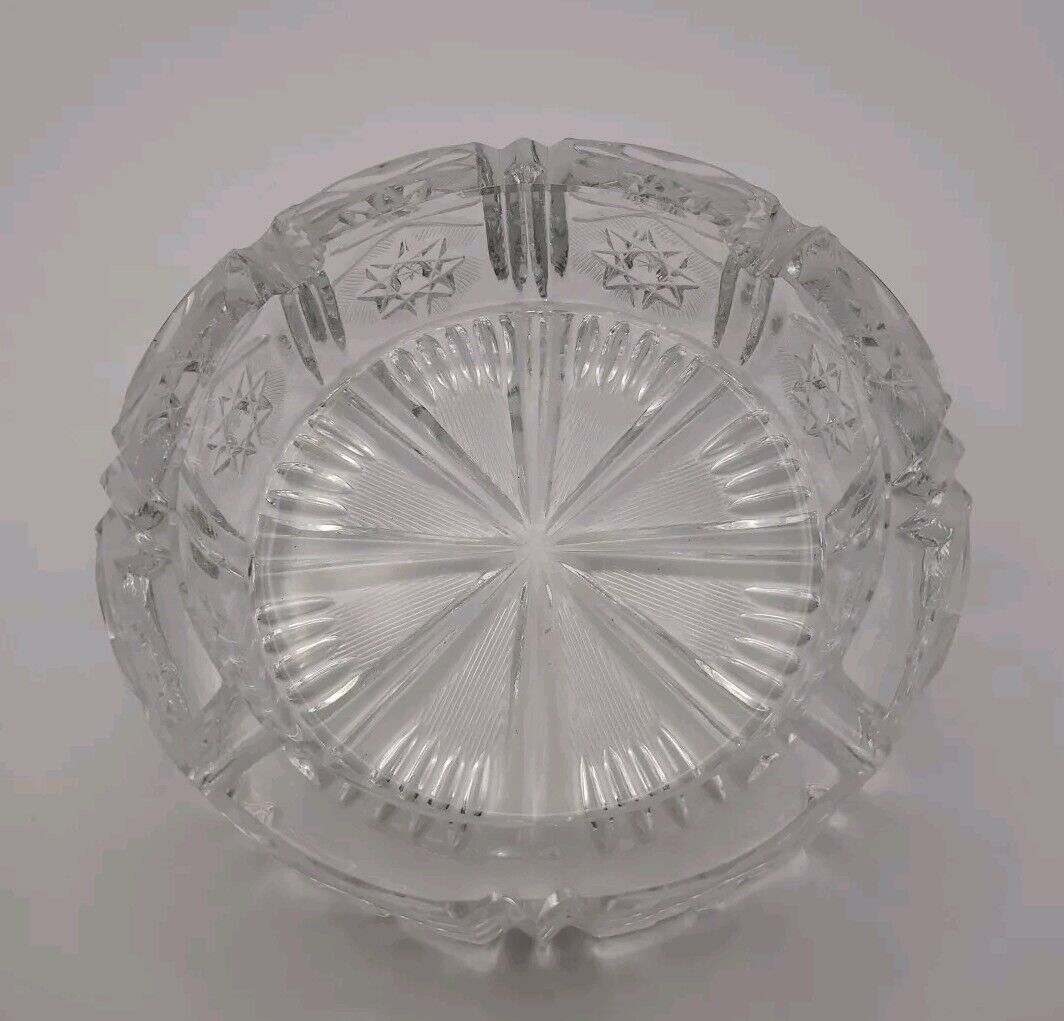 Vintage Cut Glass Ashtray Crystal Heavy Clear 4 Well Cigarette Round 6.5\