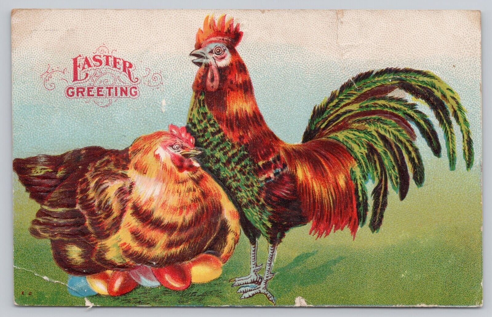 Vintage Post Card- Easter Greetings- Hen laying Easter Eggs A 276