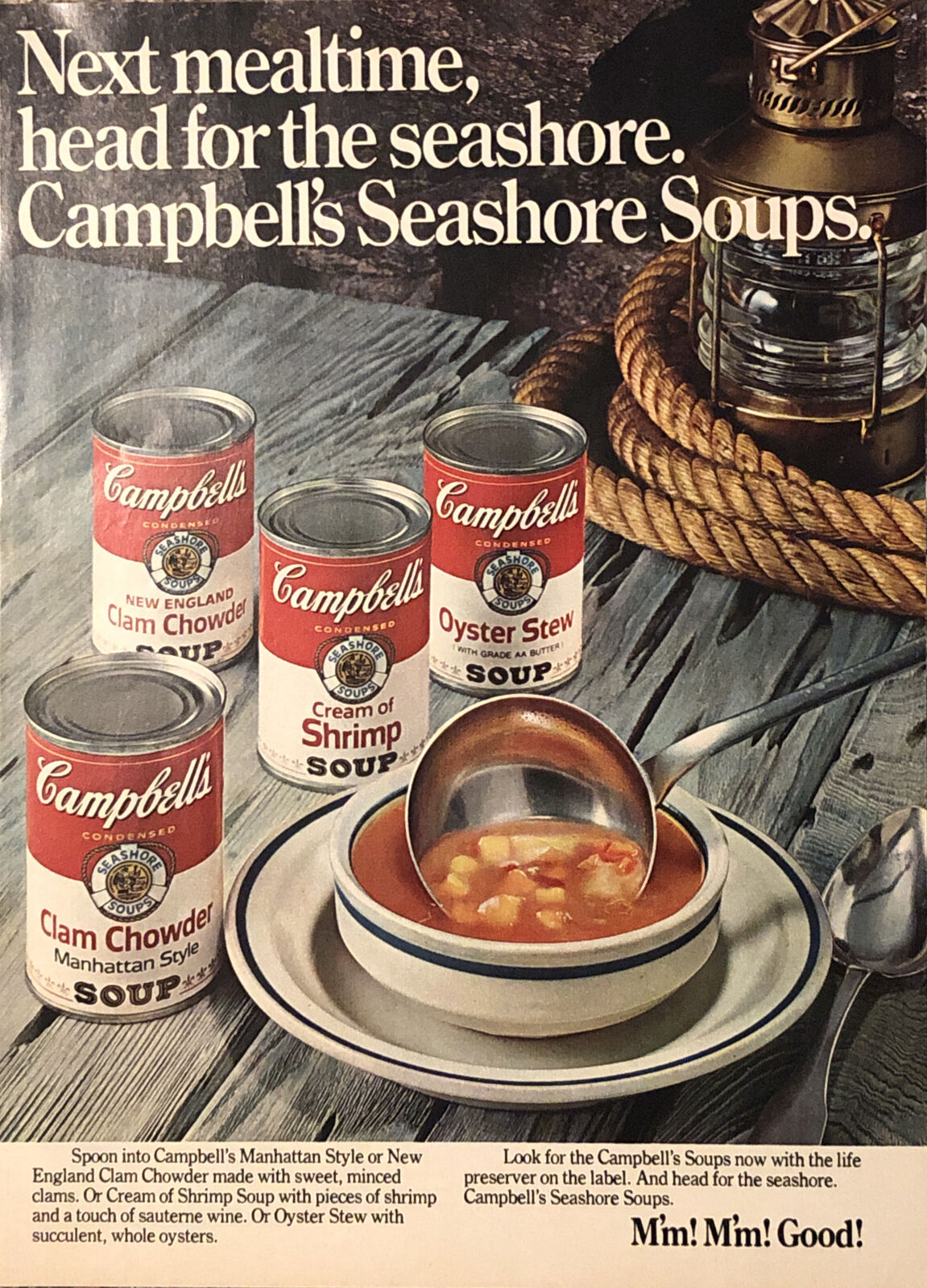 1974 Campbells Seashore Soups VTG 1970s PRINT AD Clam Chowder Oyster Stew Shrimp
