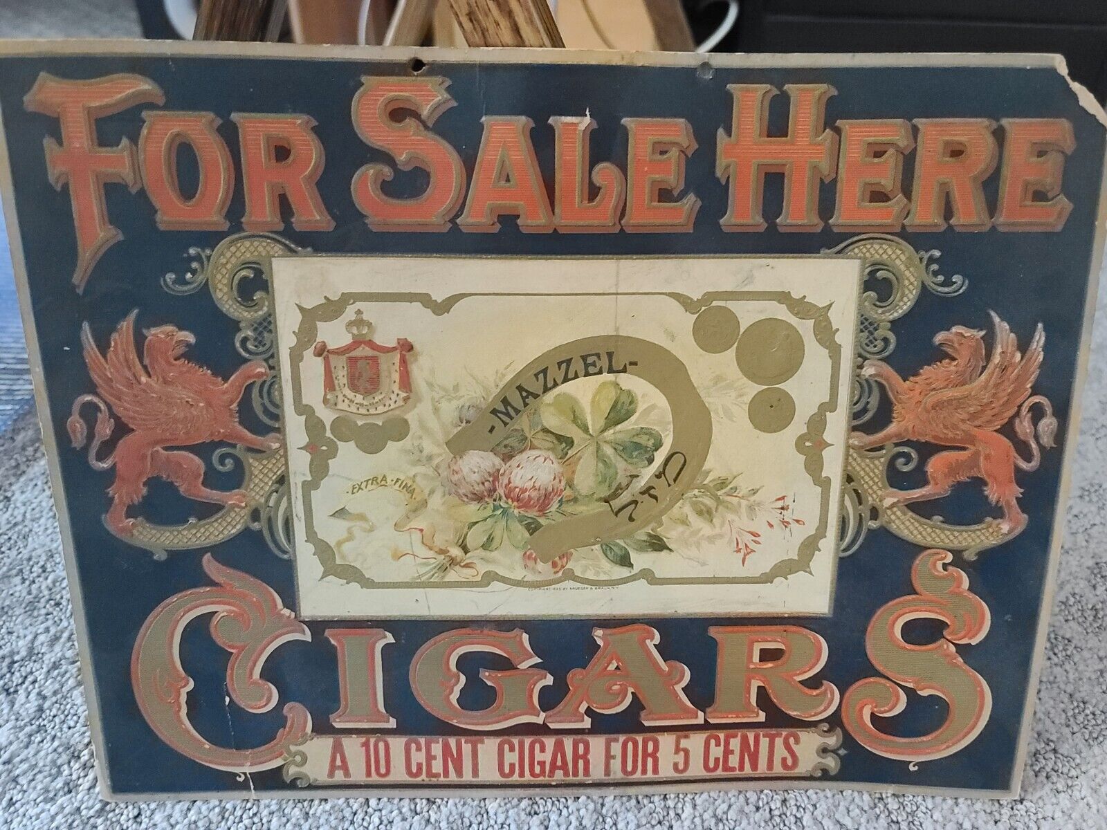 Vintage Mazzel Cigars For Sale Here Sign - Hand Painted