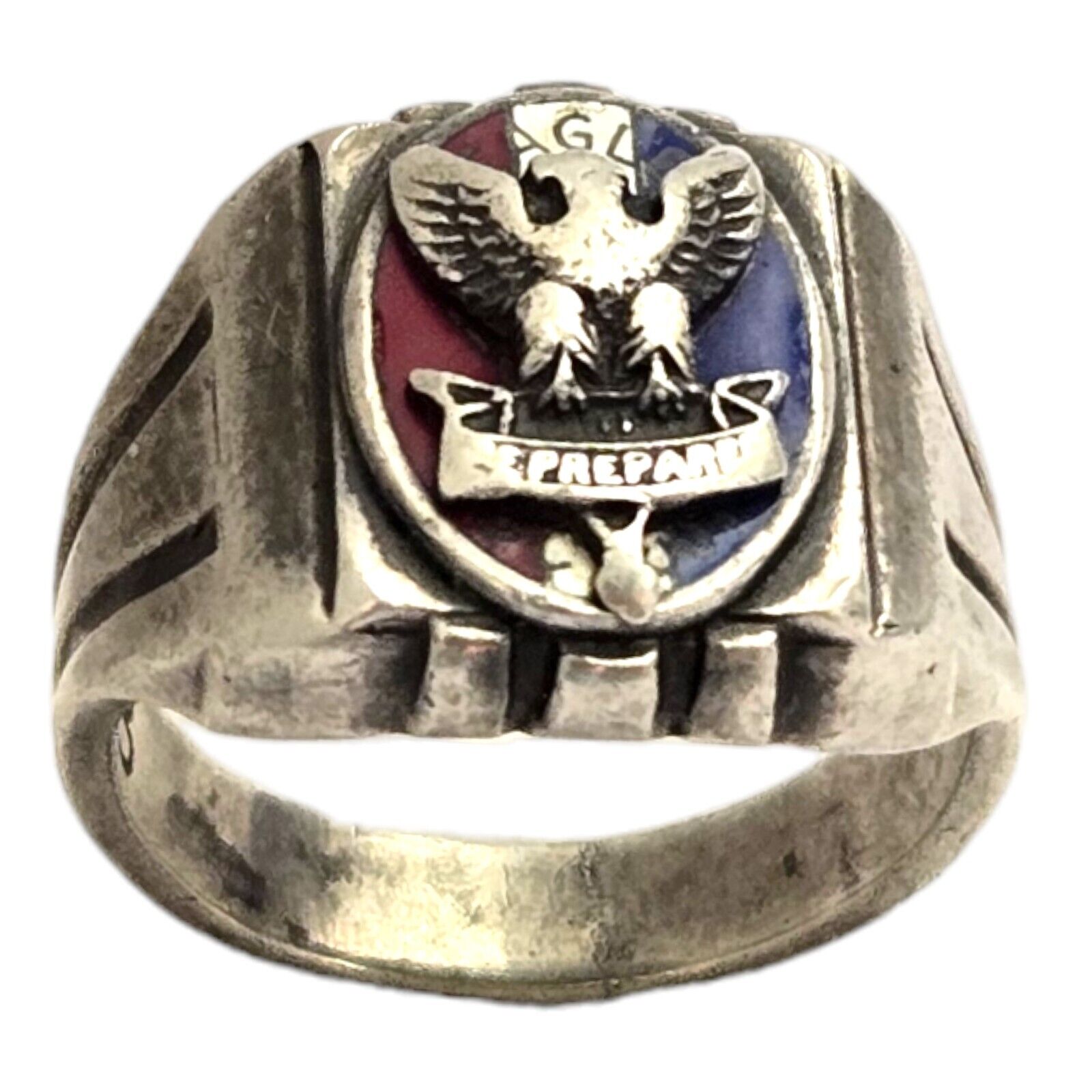 scarce Vintage Eagle Scout Ring (40's - 50's) Silver Enamel Sz8