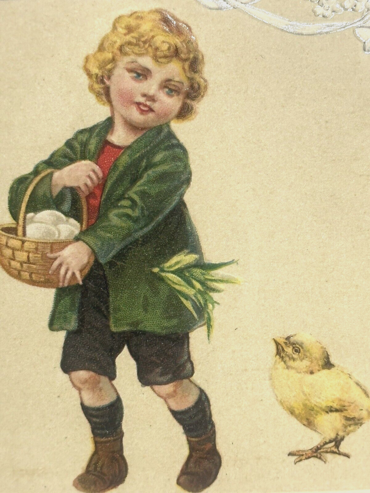 Easter Postcard Winsch Schmucker u/s Chick Follows Boy Carries Basket of Eggs