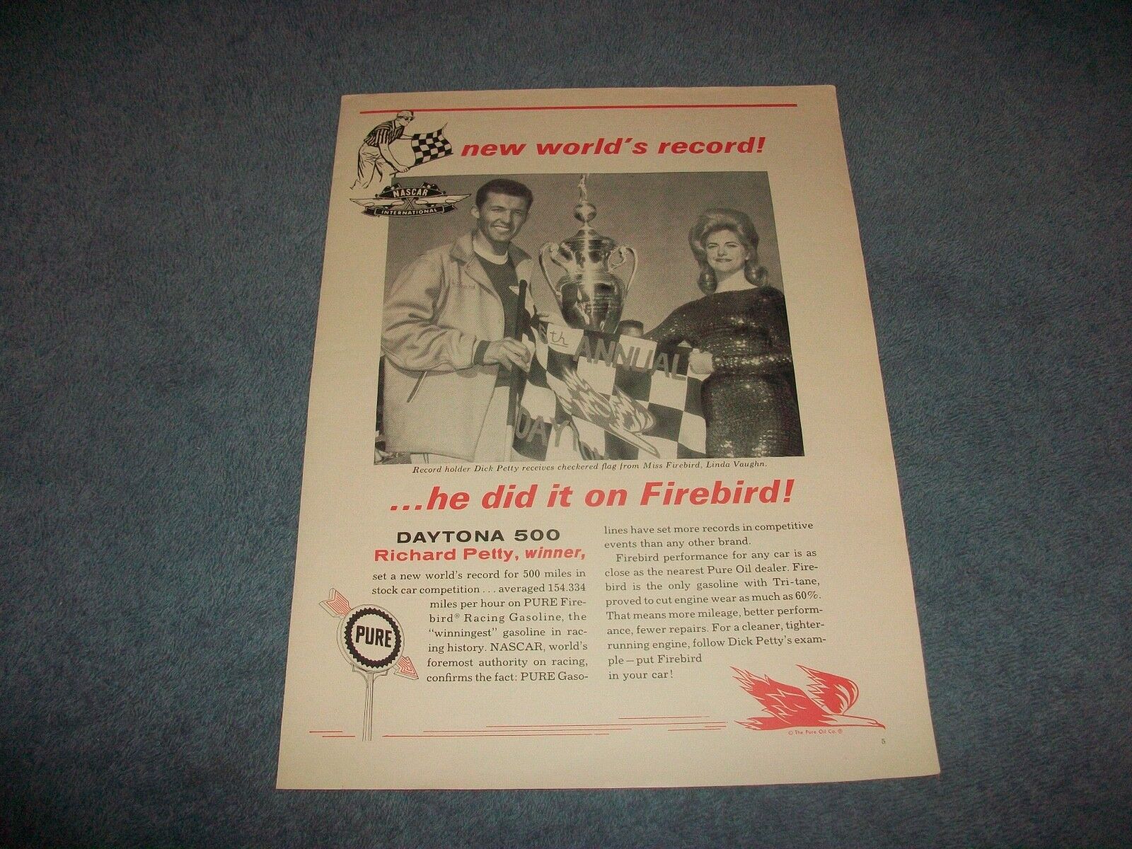1964 Pure Firebird Racing Fuel Ad Daytona 500 Winner Richard Petty Linda Vaughn