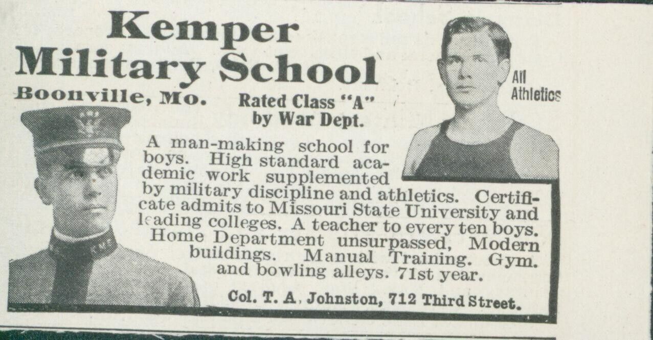 1914 Kemper Military School Boonville MO Col T A Johnston Vtg Print Ad CO6