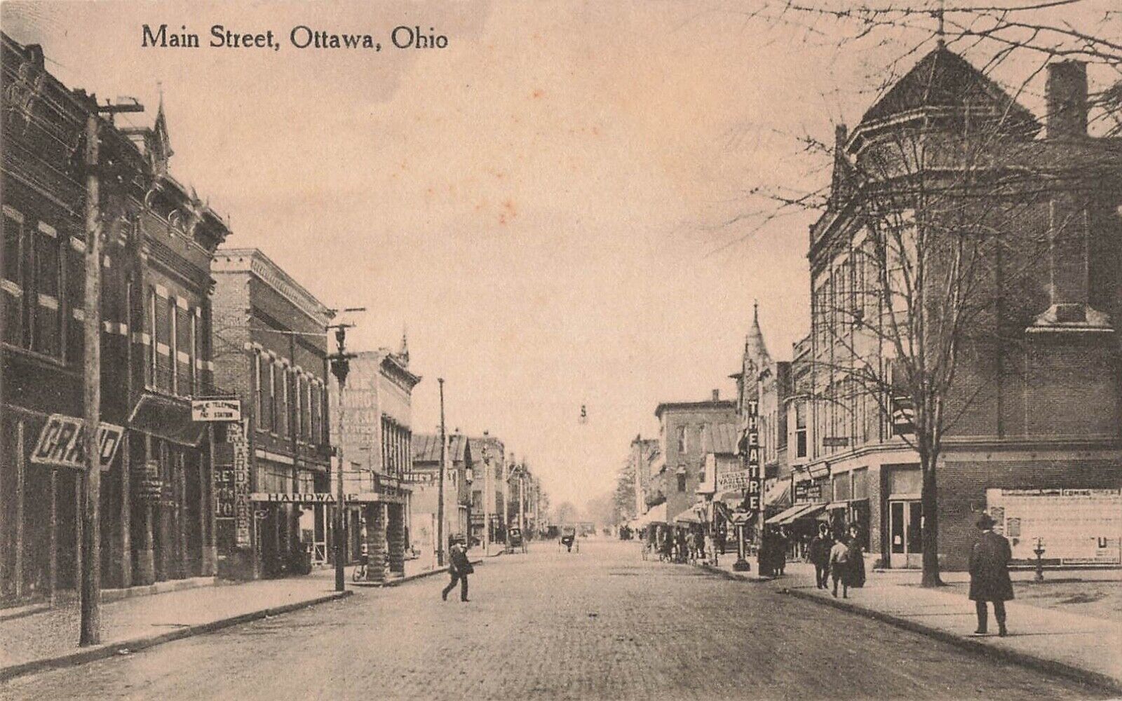 Ottawa, Ohio Postcard Main Street Theatre Hardware  c 1915  OH2