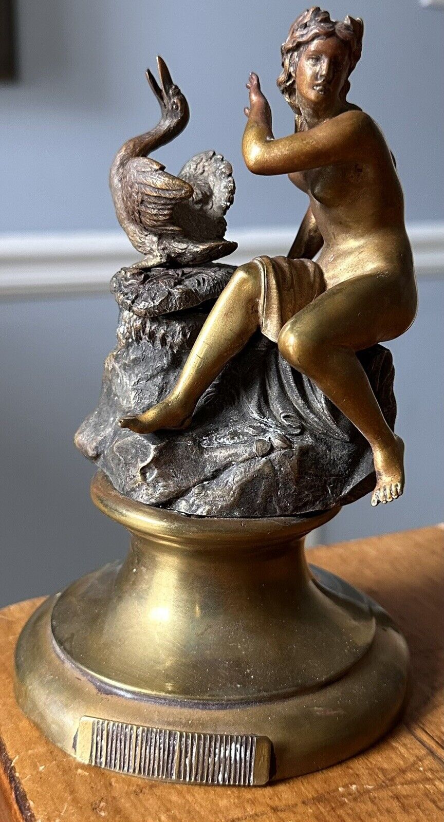 Stunning Antique 19th Century Nude Bronze & Brass Inkwell w/ Duck