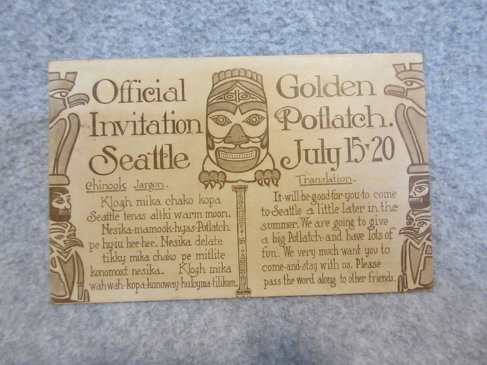 1912 Seattle GOLDEN POTLATCH INVITATION POSTCARD High-Grade   Posted Mailed 1912