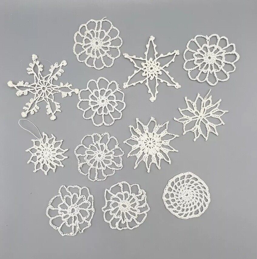 12 Handmade Tatted Crocheted White Snow Flake Ornaments