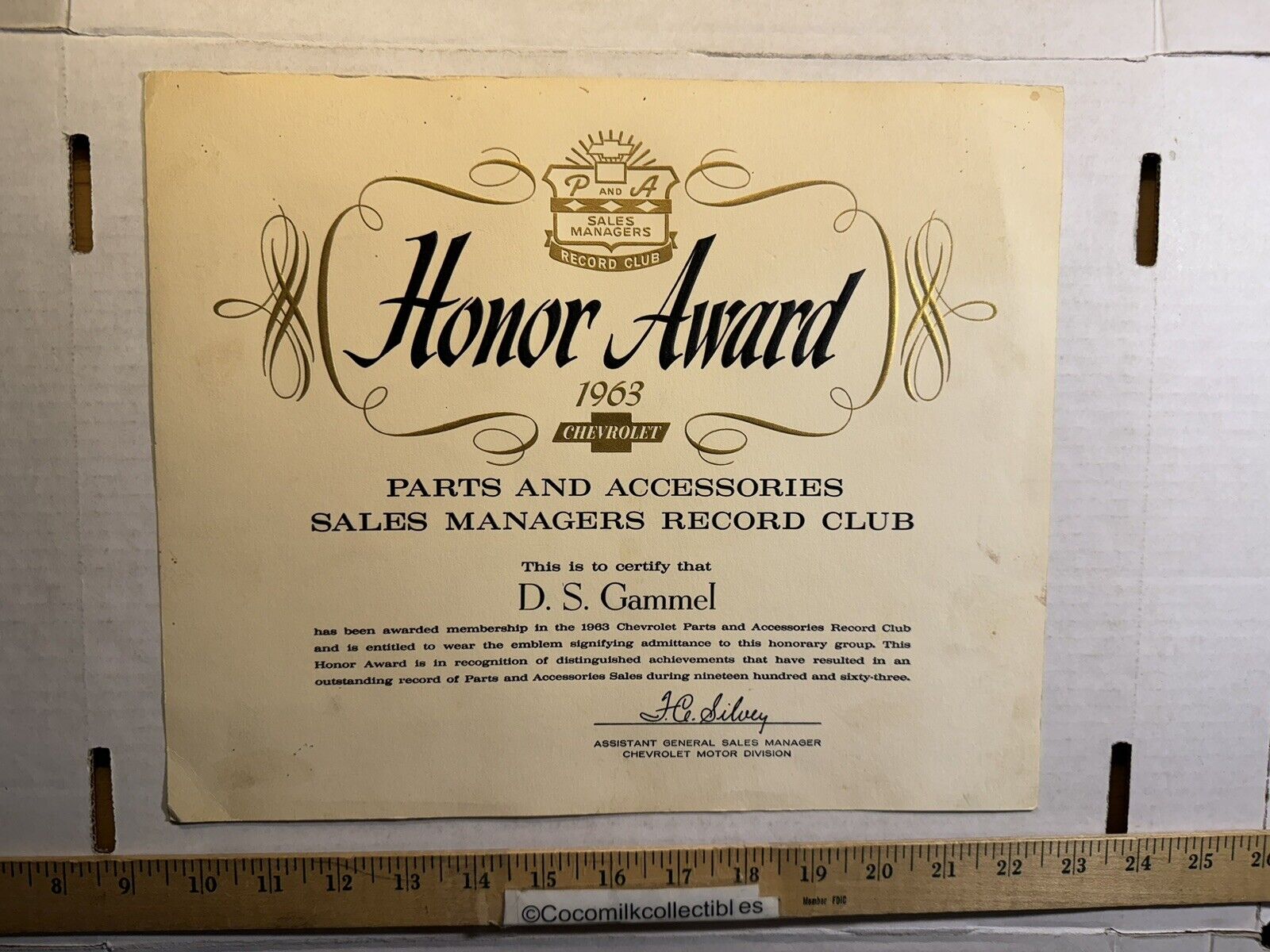 Vintage 1963 Chevrolet Parts/Accessories Sales Managers Record Club Honor Award