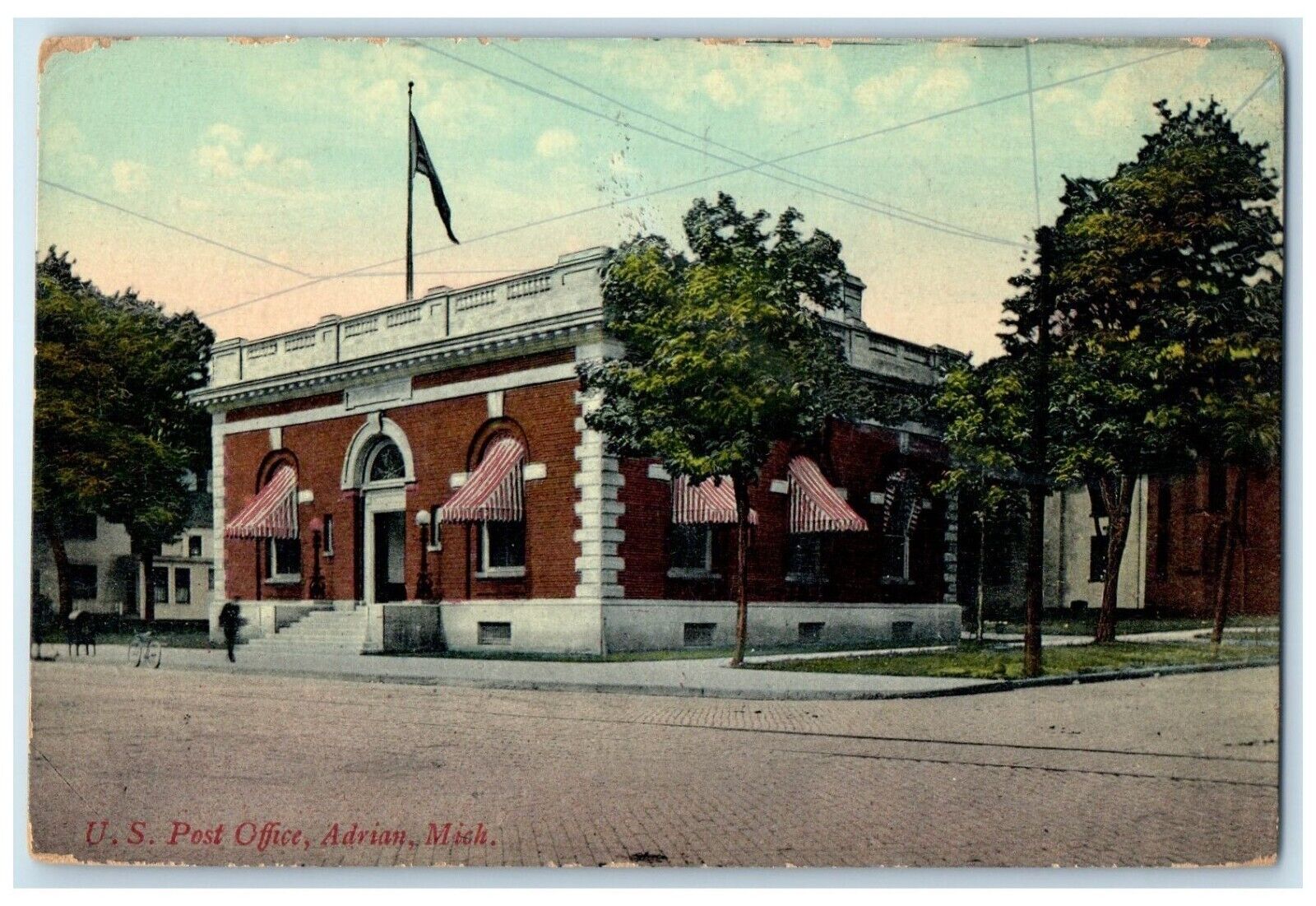 1908 U.S. Post Office Exterior Building Adrian Michigan Vintage Antique Postcard
