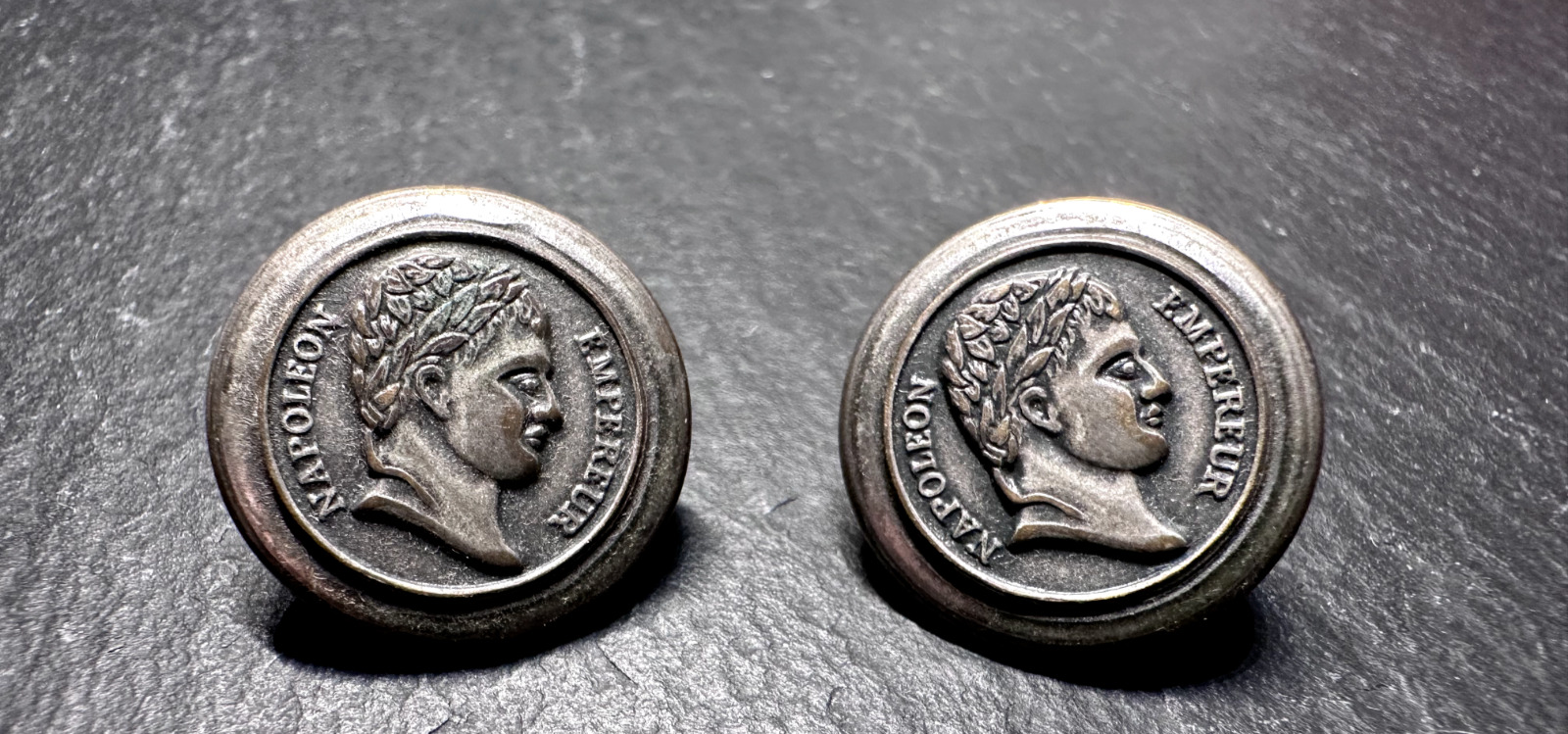 TWO VINTAGE NAPOLEAN EMPEREUR SILVER TONE ROUND MEDAL 19.3MM BUTTONS D402