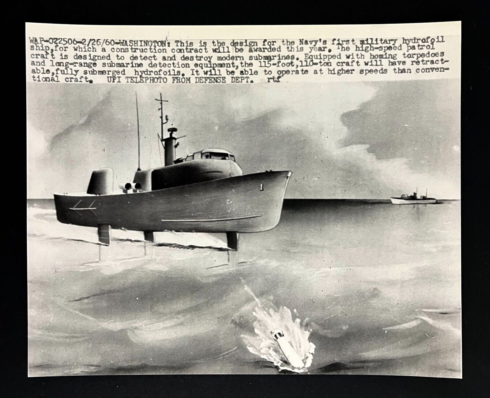 1960 Navy Hydrofoil Ship Design Submarine Destroyer Torpedo Vintage Press Photo