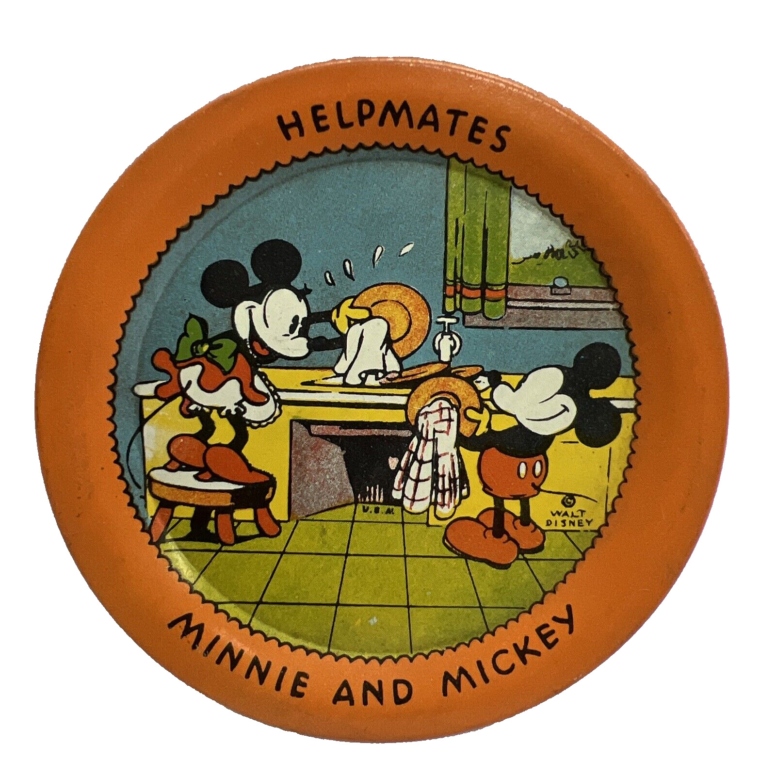 Vintage Disney 1930’s Mickey-Minnie Mouse Ohio Art Tin Litho Plate 4”