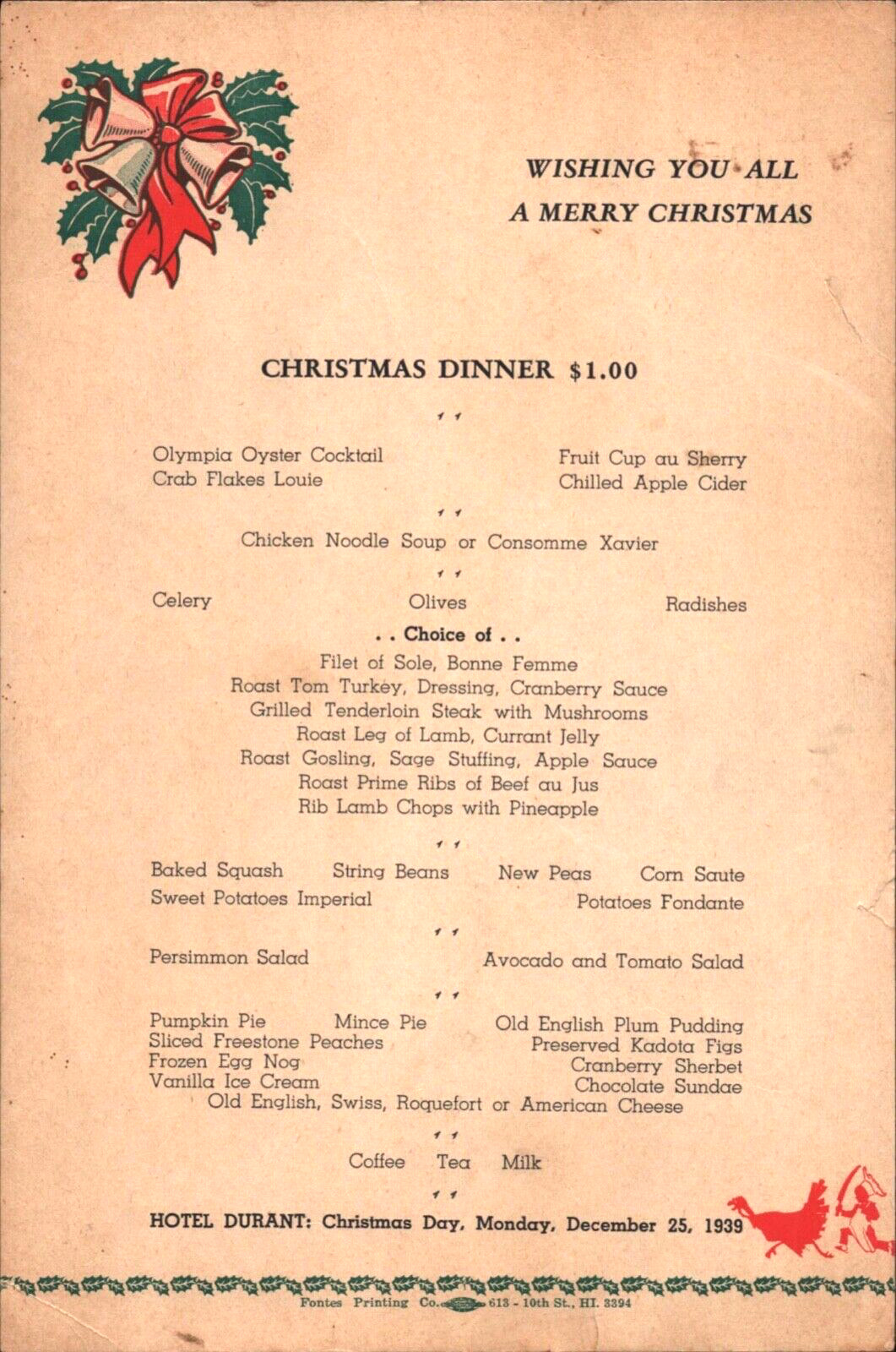1939 BERKELEY, CALIFORNIA - HOTEL DURANT Vintage Christmas Dinner Menu SCARCE