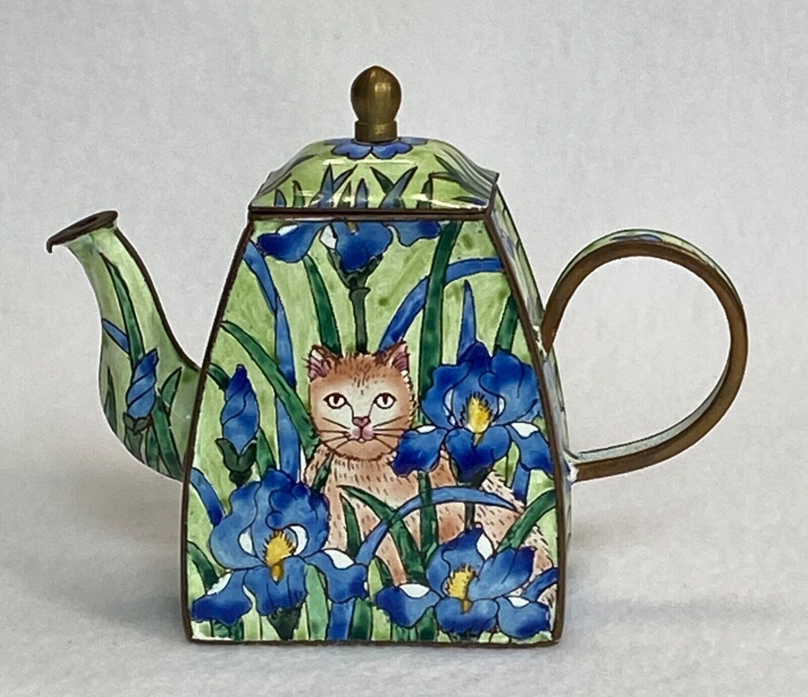 Vintage Kelvin Chen Teapot Cat Among Blue Flowers Enameled Copper 1999