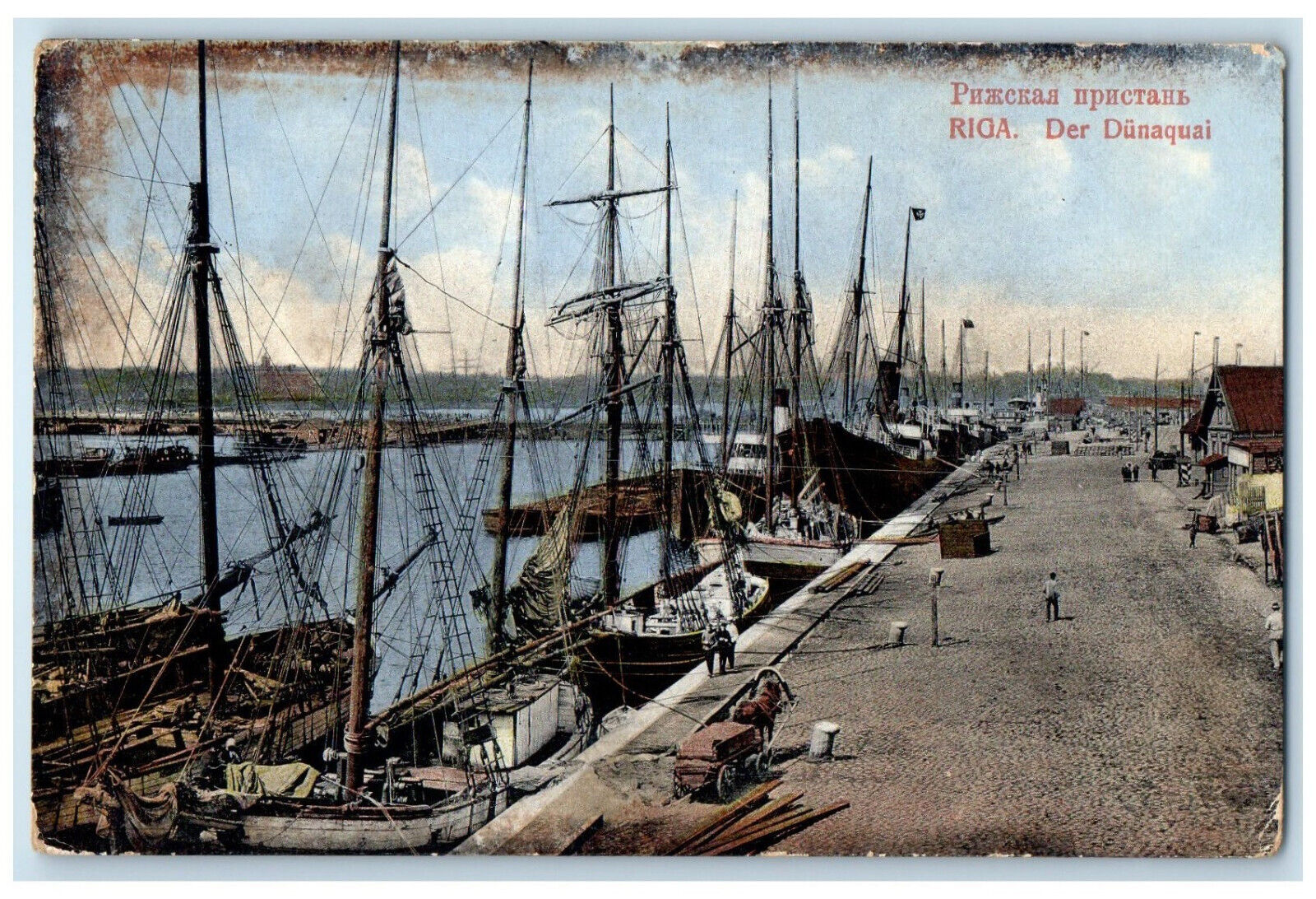 c1910 Schooner Boats in Landing Der Dunaquai Riga Latvia Posted Postcard
