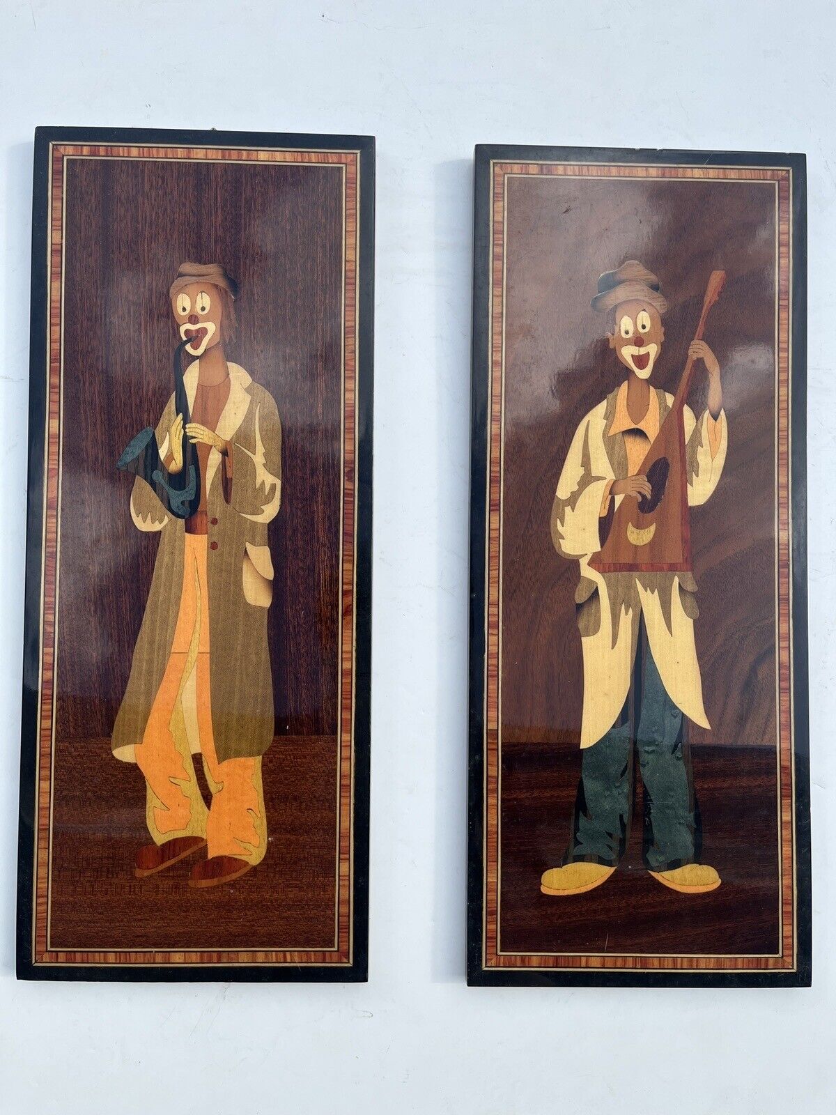 Sorrento Italy Marquetry wood picture Circus Clown Black Jazz Musician Saxophone