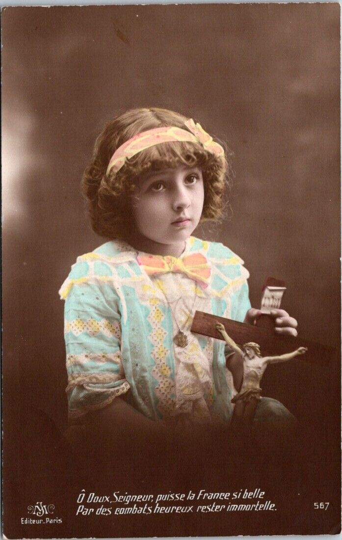 RPPC Easter Girl Holding Crucifix Patriotic France colored photo postcard IQ4