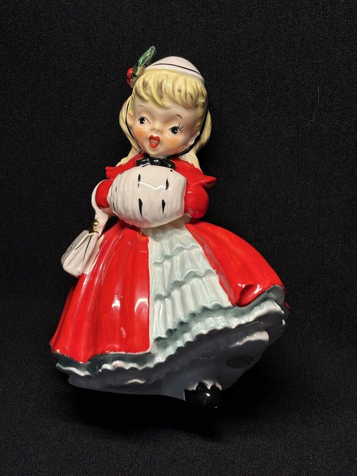 1956 NAPCO LITTLE SHOPPER FIGURINE Christmas Red Dress Purse Hand Muff Holly 5”