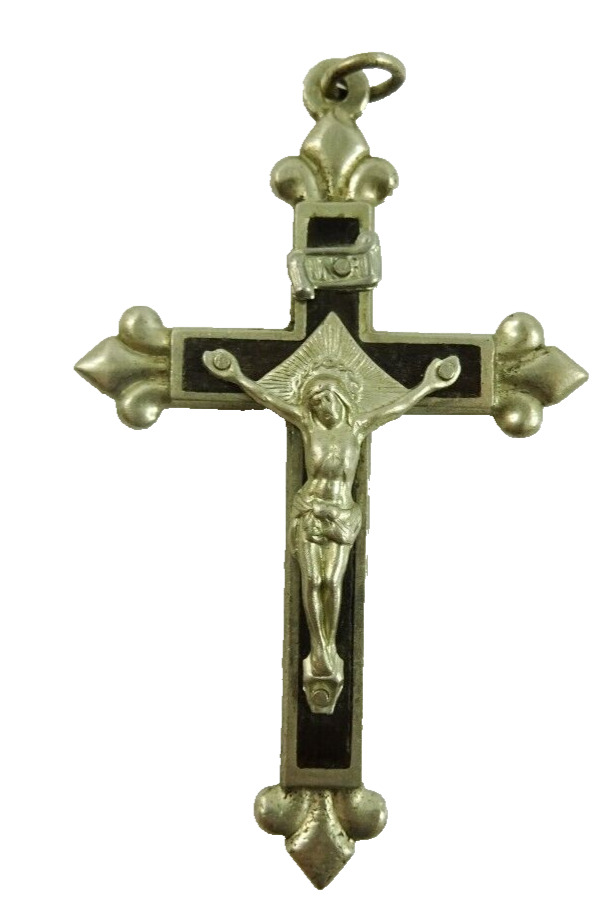Vintage Crucifix Pendant Black Inlay Fleur de Lys