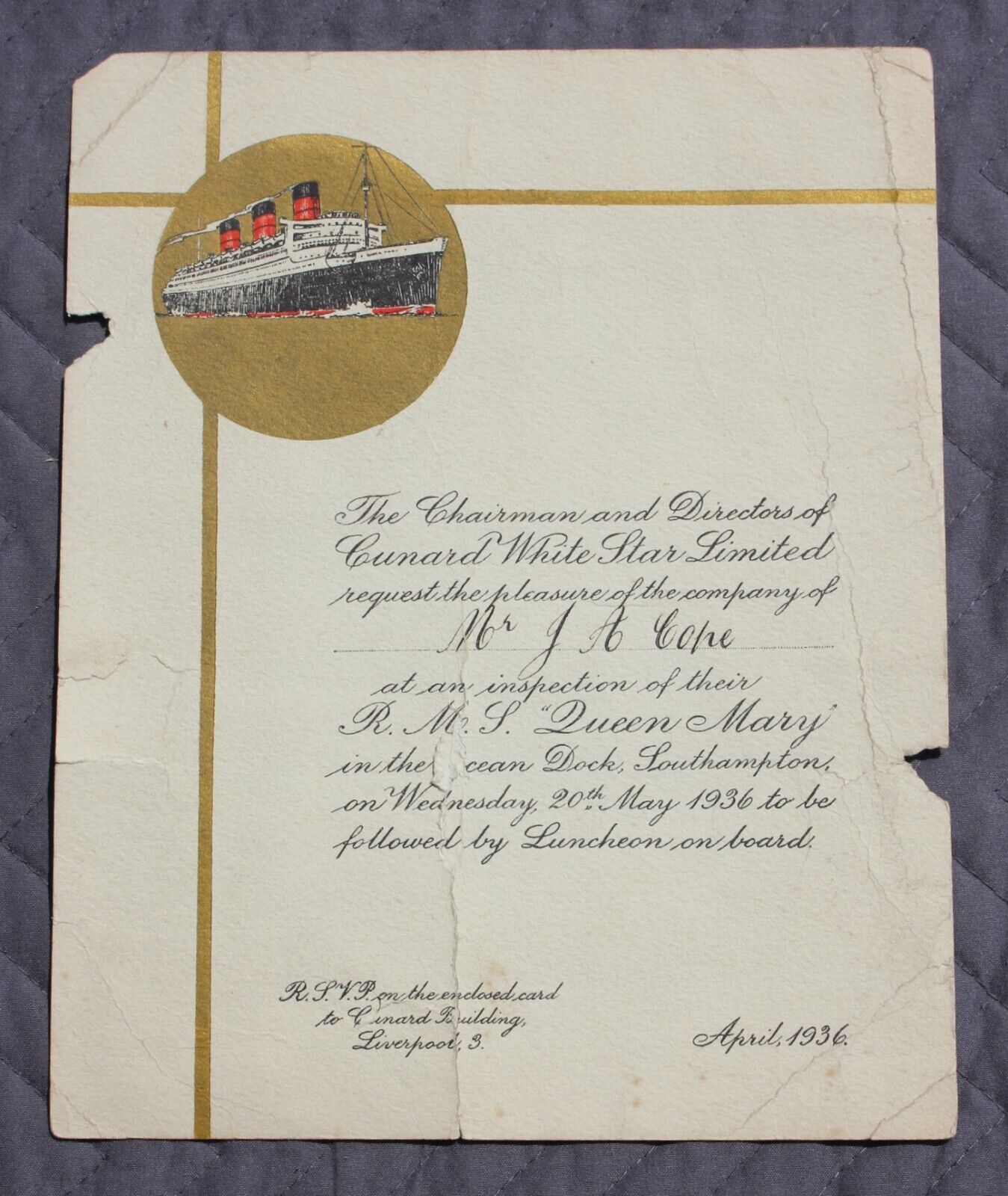 CUNARD WHITE STAR LINE RMS QUEEN MARY PRE MAIDEN VOYAGE INSPECTION INVITE A/F