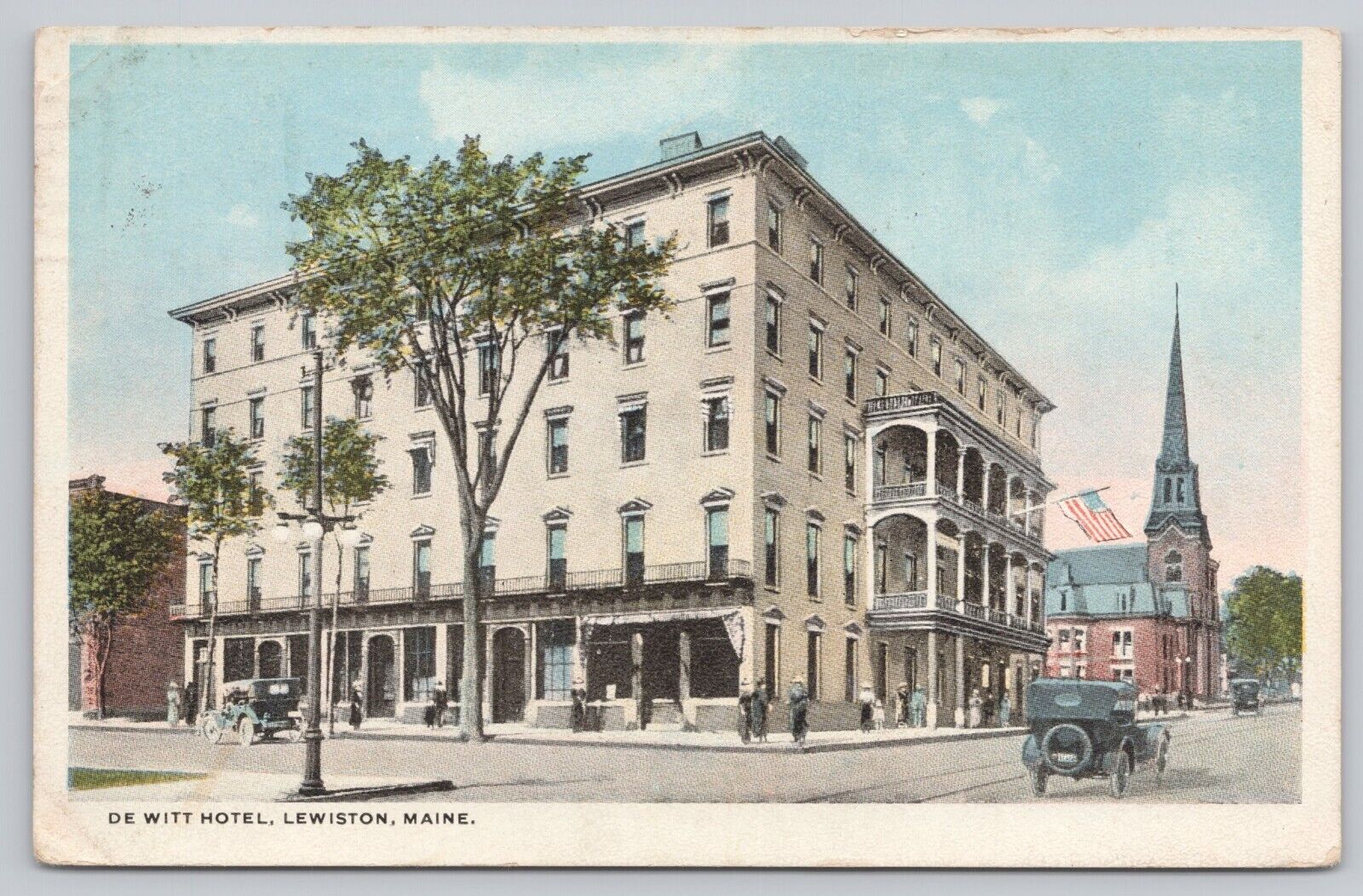 Lewiston Maine, De Witt Hotel Building, Old Cars, Vintage Postcard