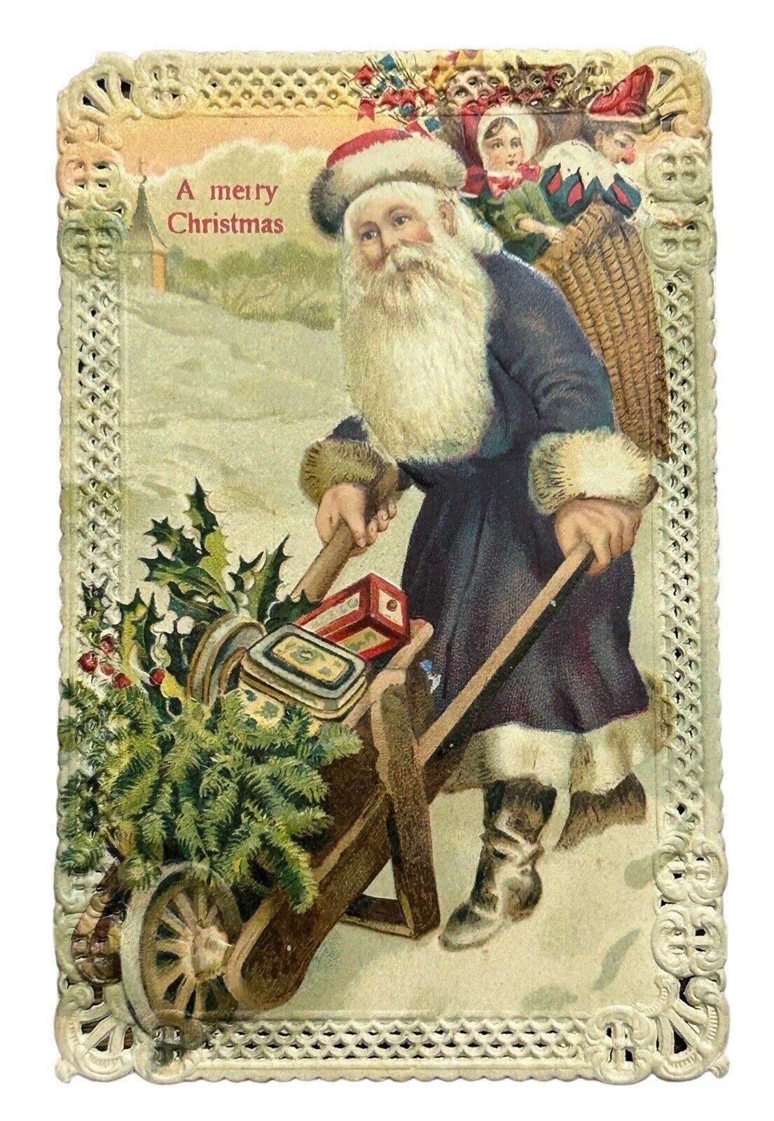 c1910  Purple Robe Santa Claus Wheelbarrow Die Cut Edge Border Christmas P554