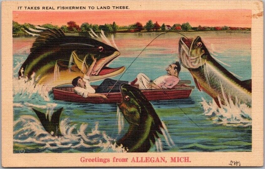 ALLEGAN Michigan Fishing Exaggeration Linen Postcard \