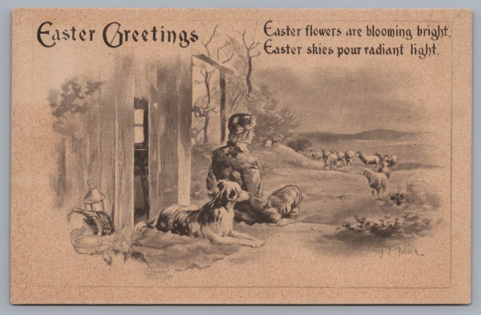 Easter Greetings Poem Shepherd Sheep Dog Postcard