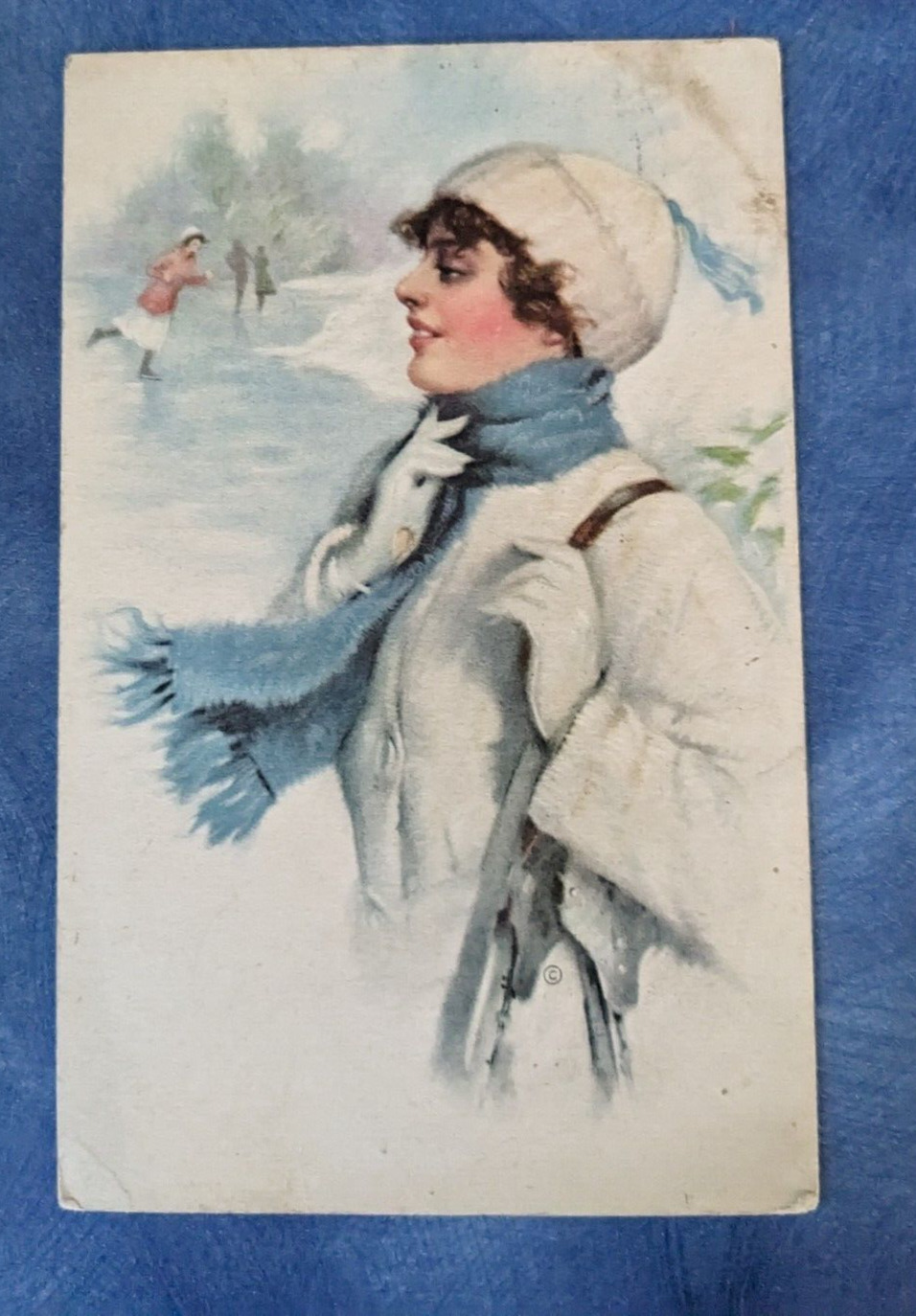 1920 Pretty Brunette Woman Wearing Scarf + Hat In Winter Skating On Pond