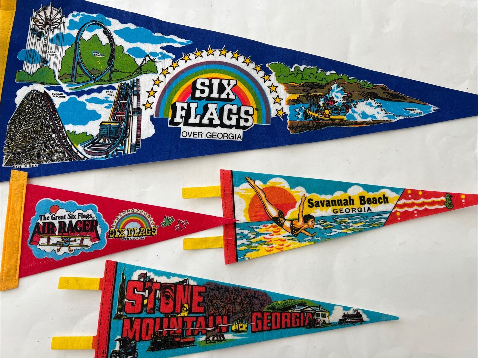 Lot of 4 Georgia Felt Pennant Banners Six Flags Savannah Beach Stone Mtn VTG 80s