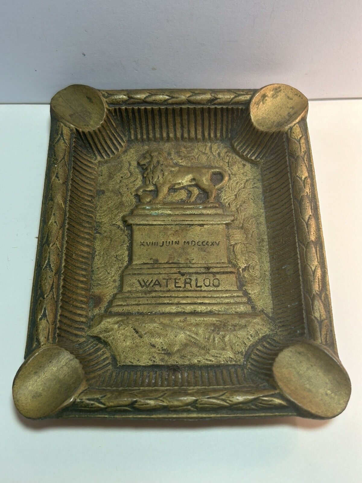 Art Nouveau Depose Antique Bronze Ashtray Trinket Dish Waterloo Lion Napoleon