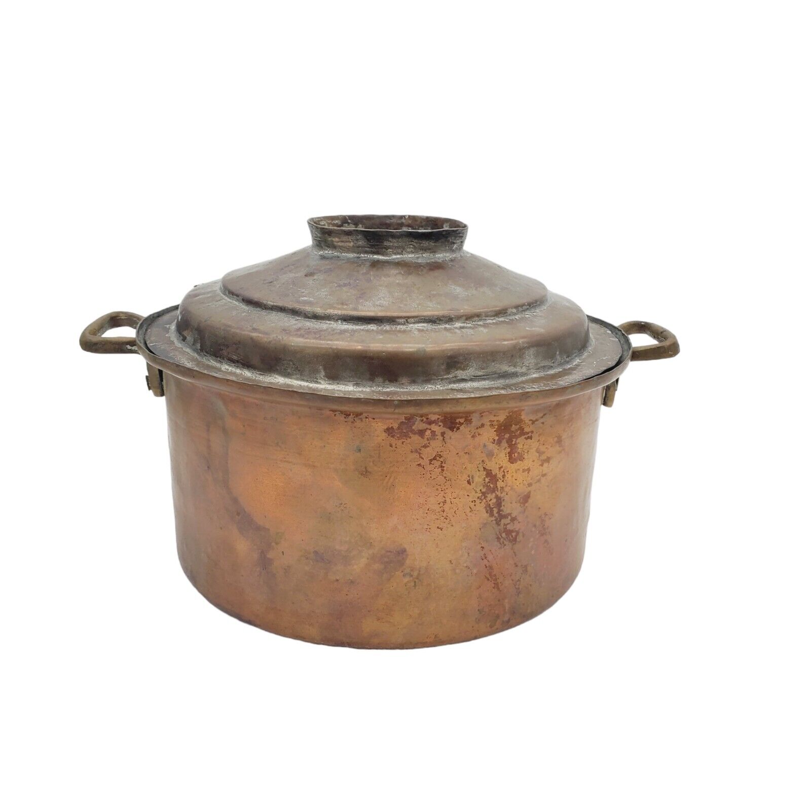 Antique Large French Tinned Copper Stew Pot w/ Hammered Dutch Lid Brass Handles