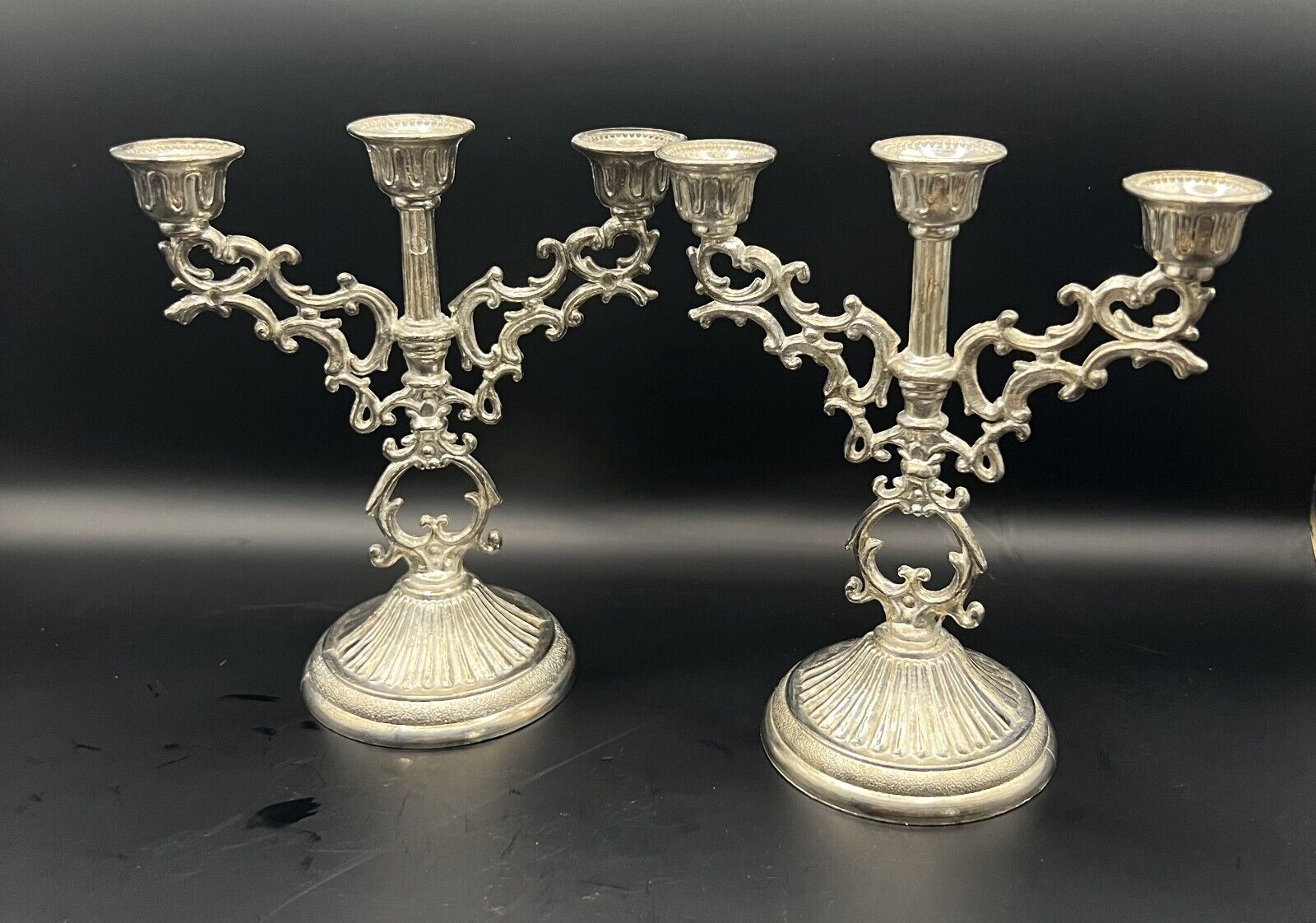 Vintage Italian Silver Candelabra, 3 Tier Ornate Filigree Candle Hold, Set of 2 