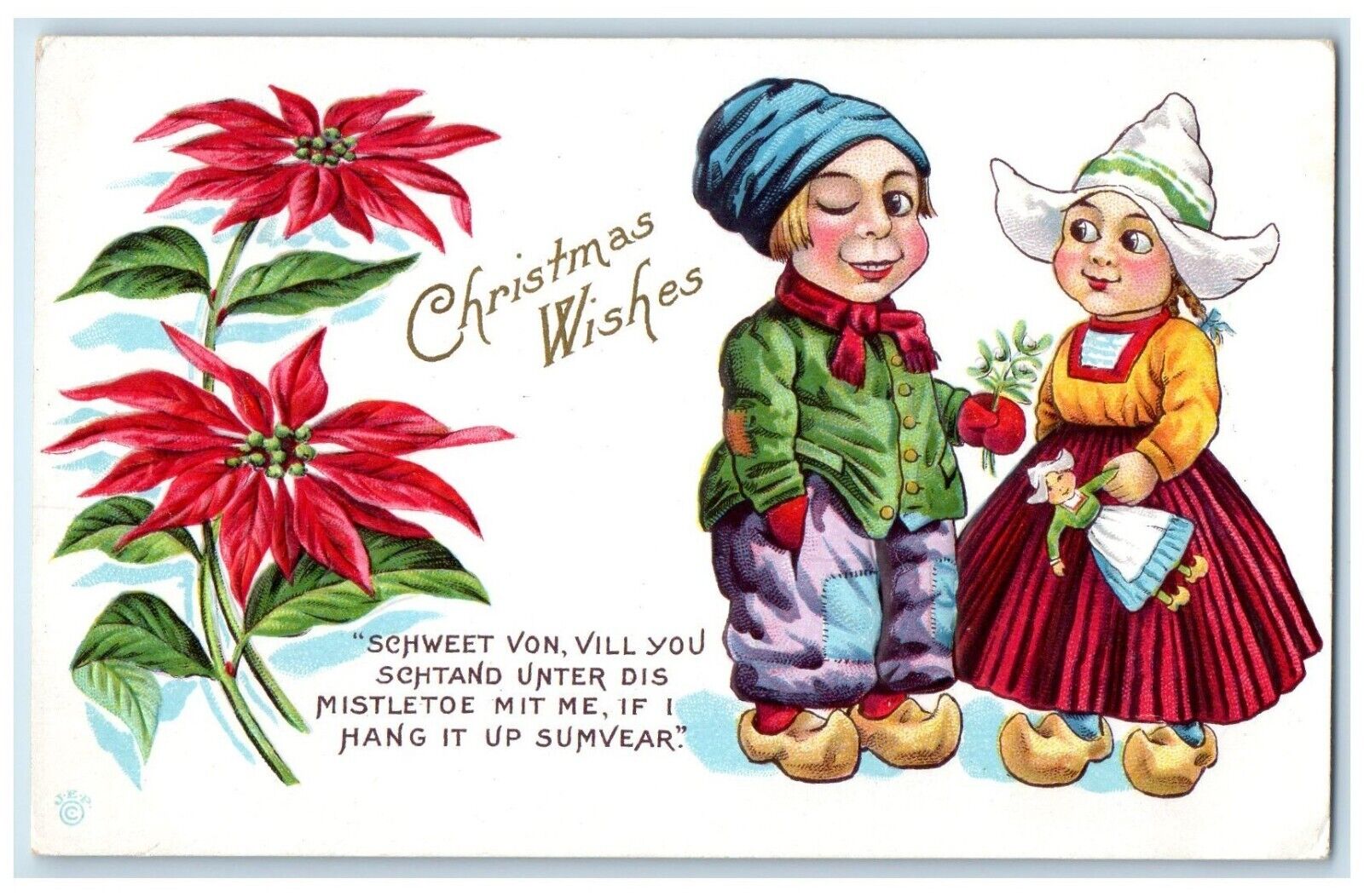 c1910\'s Christmas Wishes Dutch Kids Poinsettia Flowers Embossed Antique Postcard