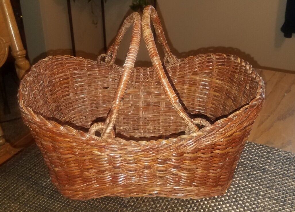 Vintage Primitive Woven GATHERING BASKET With Double SWING Handles