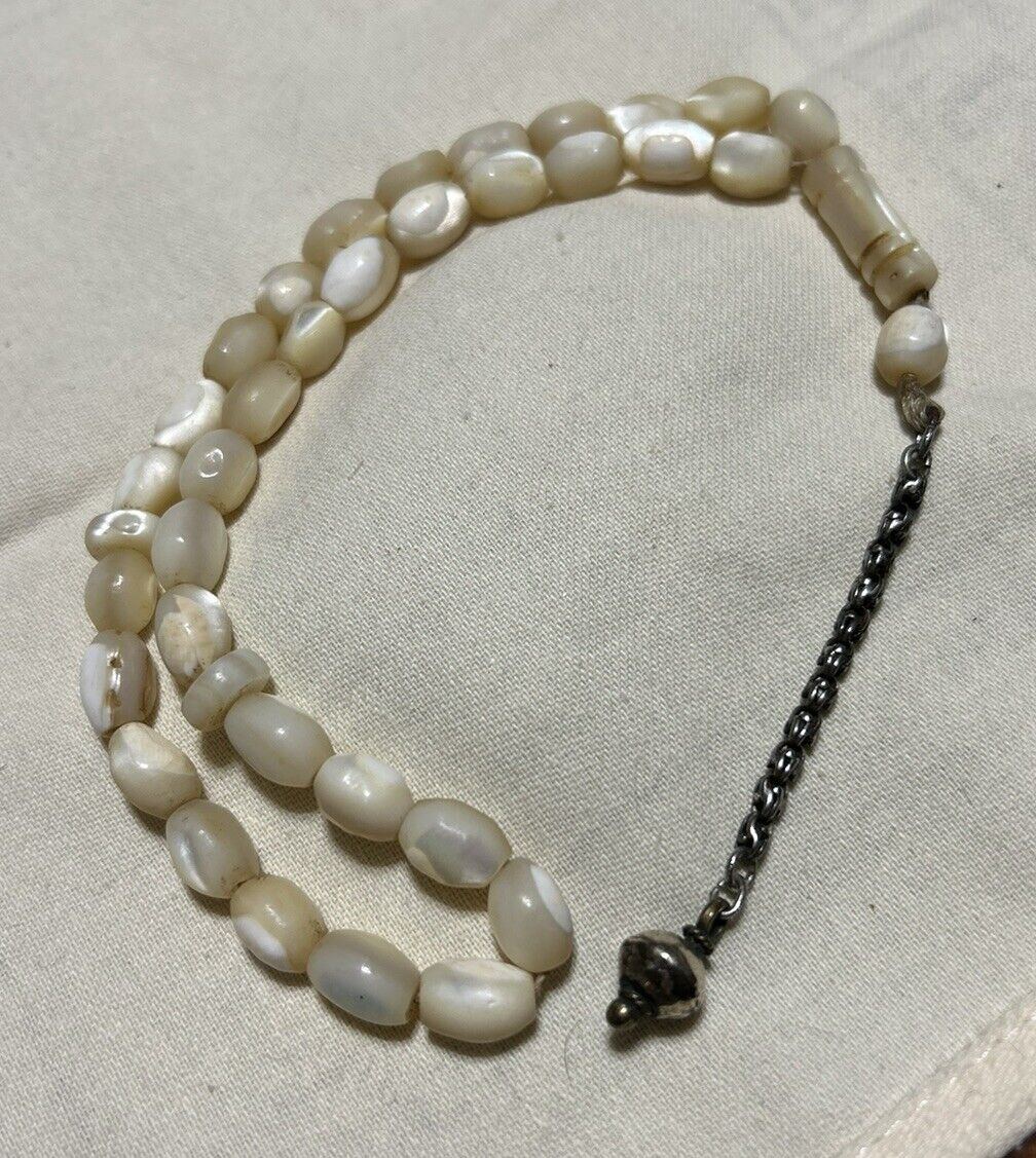 Antique Mother Of Pearl Islamic Prayer Beads Tasbih Sterling Silver Tassle Bead