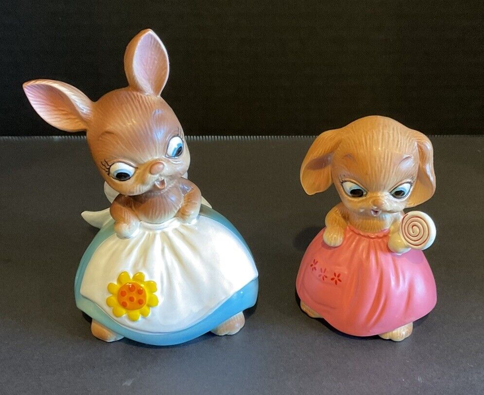 Vintage JOSEF ORIGINALS 2 Little Girl Bunnies Made In Japan Adorable EUC