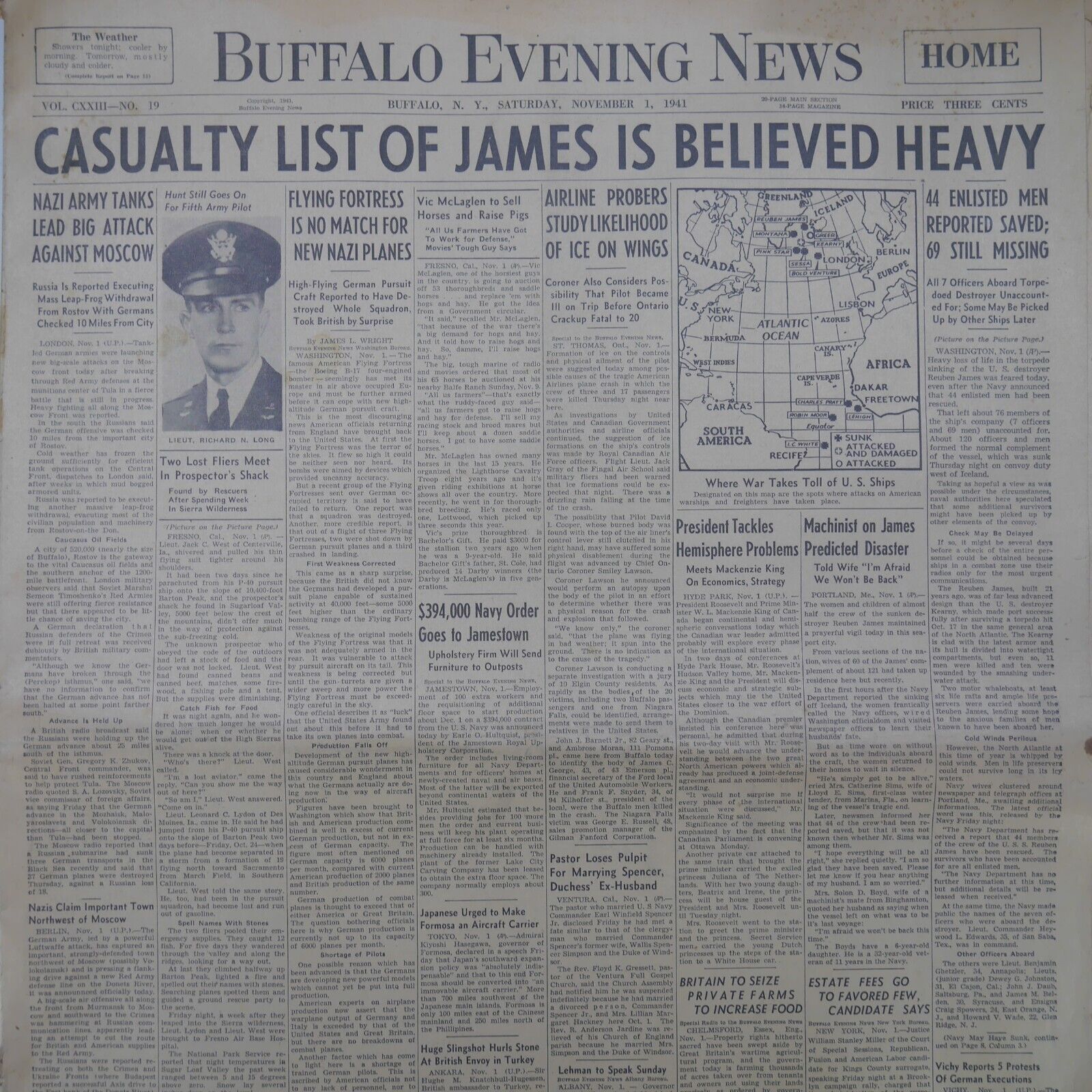 1941 Buffalo Evening News Reuben James First Sinking WWII U-Boat Torpedo Nov. 1
