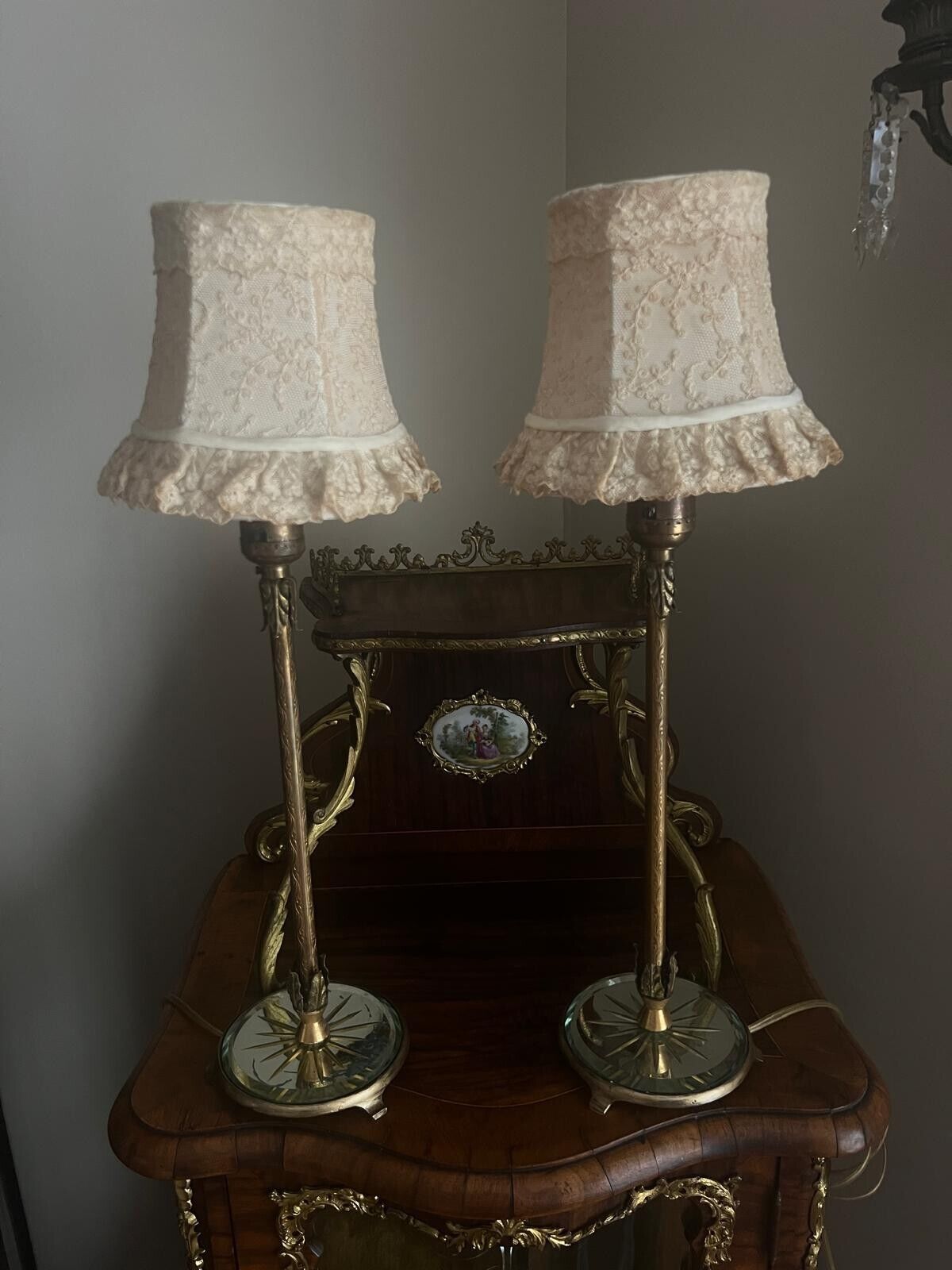 Pair of Antique Table Lamp with Boudoir Shades and Etched Mirror Bases