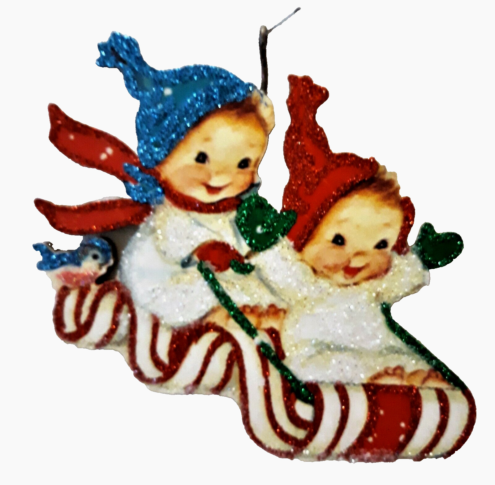 BABIES, CHILDREN on RIBBON CANDY SLED *  Glitter CHRISTMAS ORNAMENT  Vtg Img