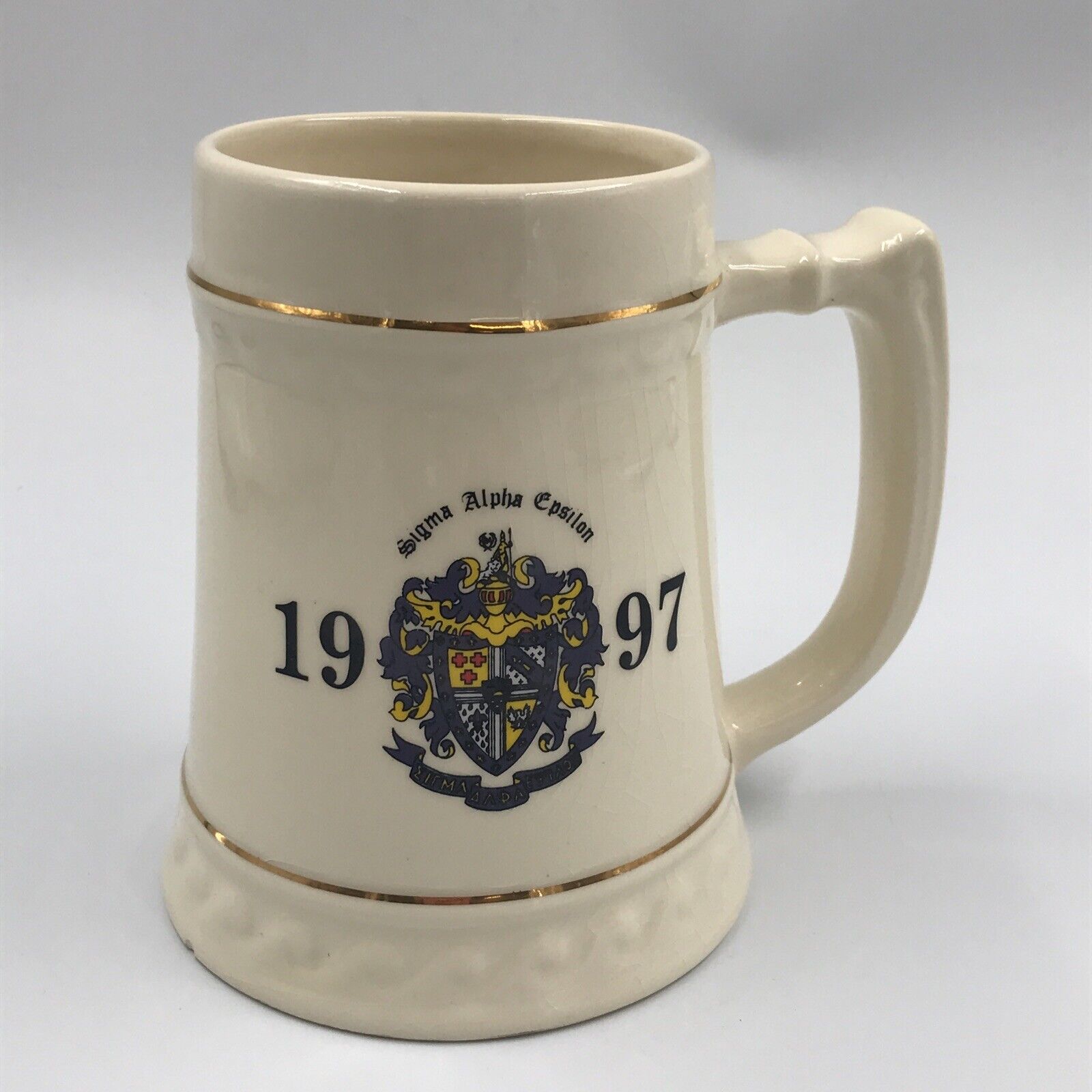 Vintage 1997 Sigma Alpha Epsilon Crest Ceramic Beer Stein \'Matt\' Frat Souvenir