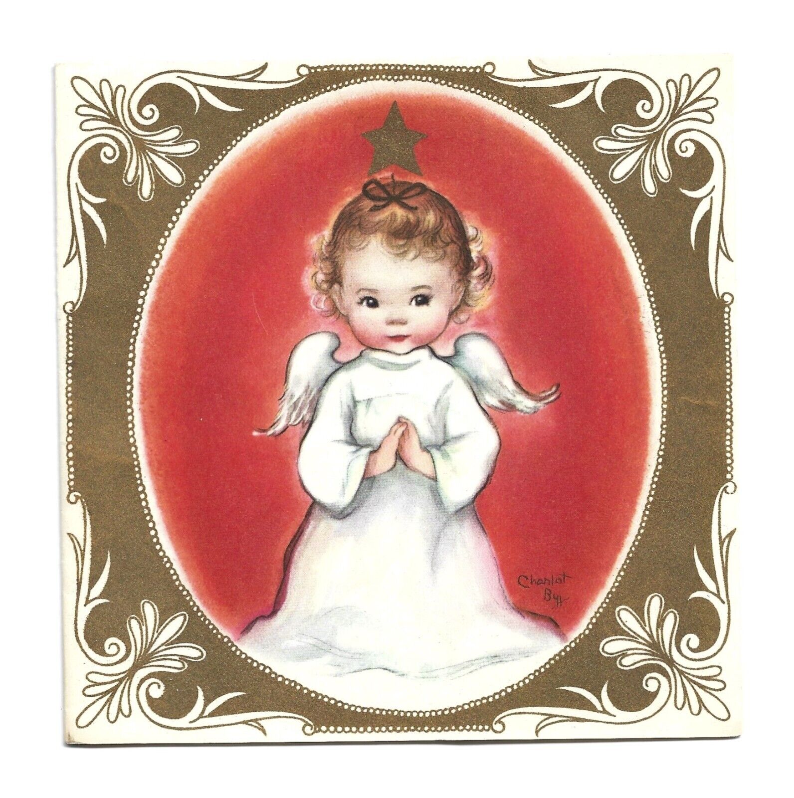 Vtg Christmas Card SWEET ANGEL by Charlot  Byj 1940\'s 50\'s ? PRECIOUS