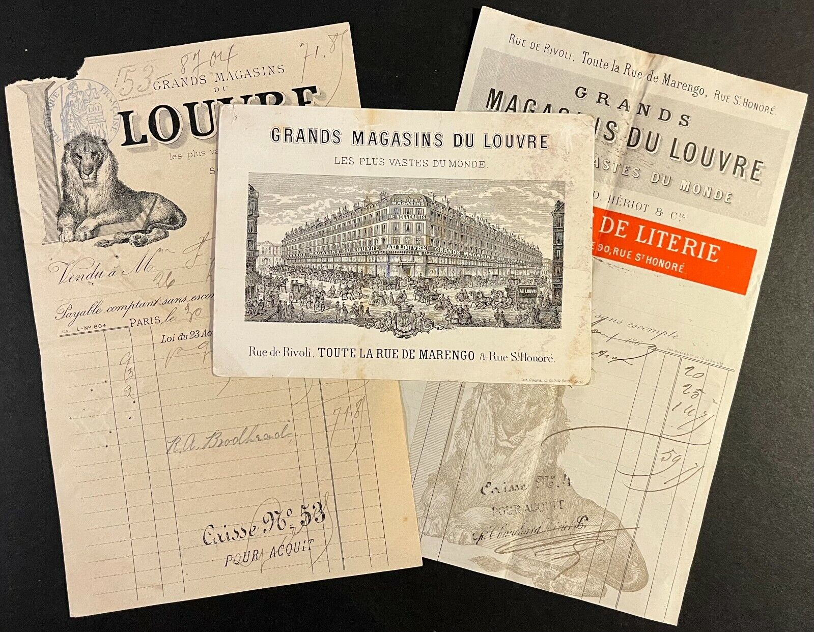 1890 LITHOGRAPH TRADE CARD PARIS FRANCE GRANDS MAGASINS DU LOUVRE BILLHEADS LION