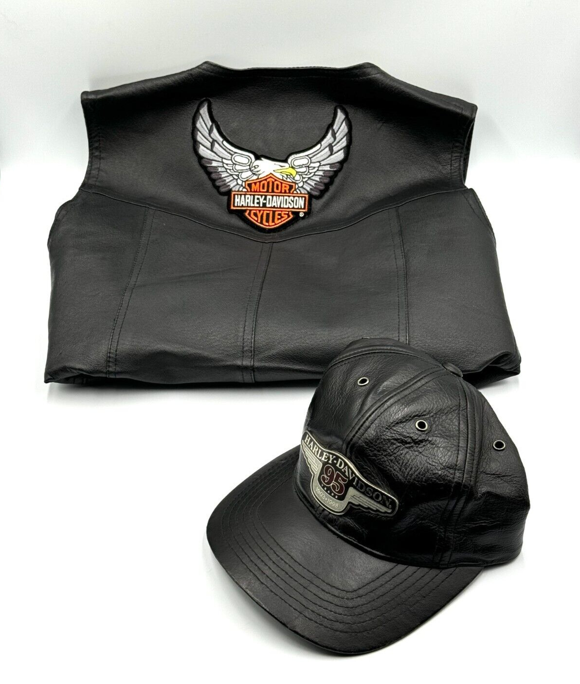 Harley Davidson Leather Vest & Hat Bundle