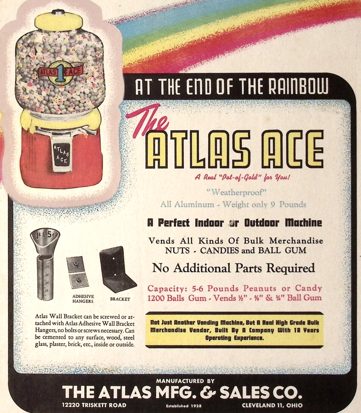 Vintage The Atlas Mfg & Sales Co Atlas Ace Gumball Machine CLEVELAND OH Flyer