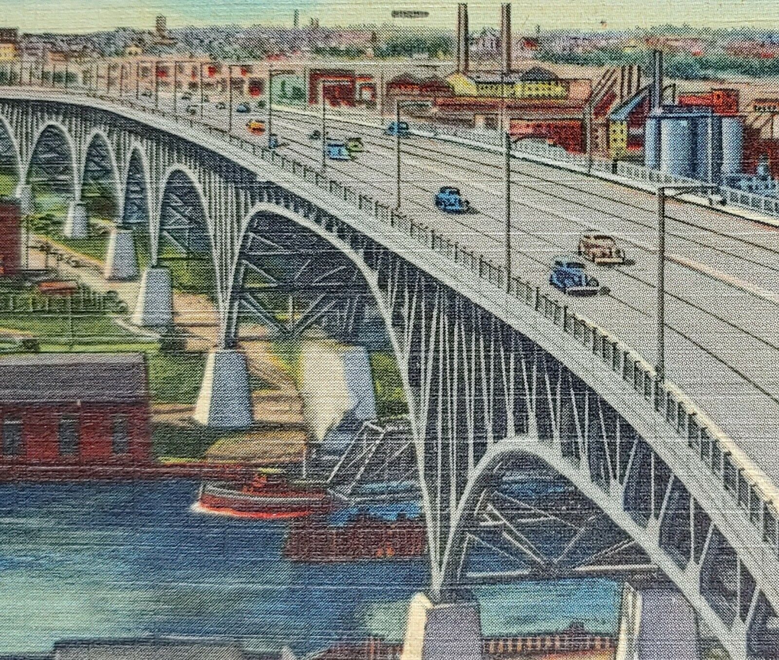 1957 Main Avenue Bridge Looking West Cleveland OH Vintage Linen Postcard Cars