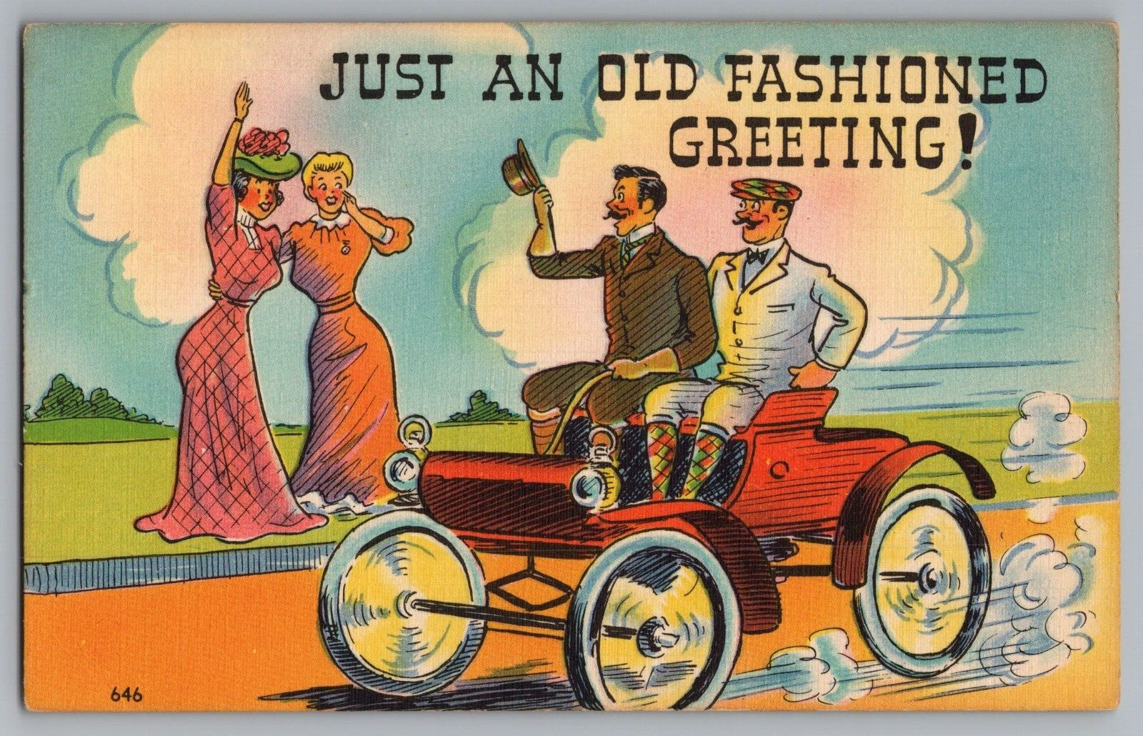 Postcard Just An Old Fashioned Greeting  Men Woman Antique Car