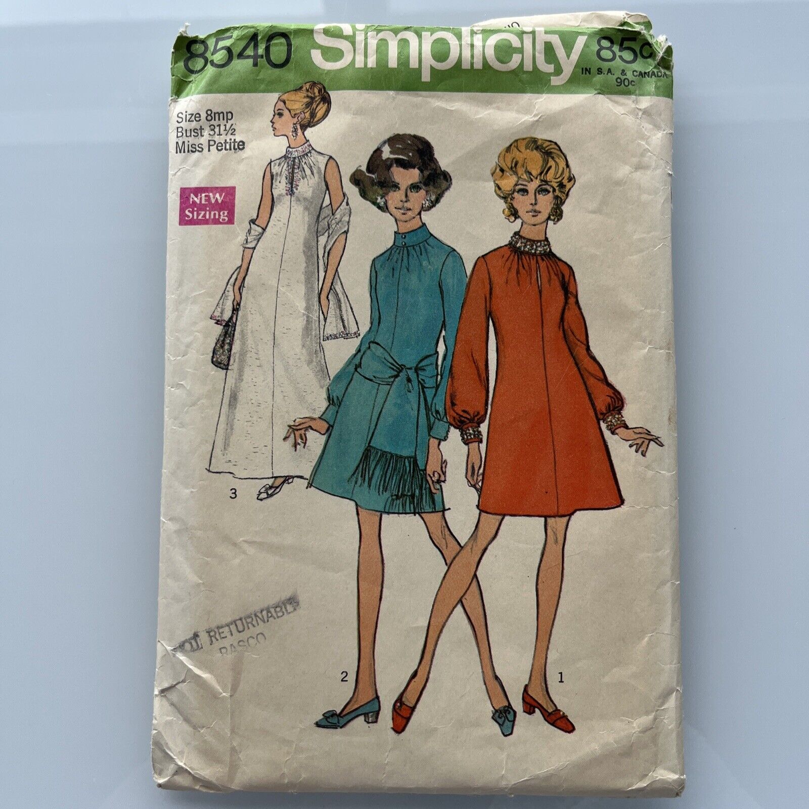 Vintage 60s Simplicity #8540 Miss Petite Sz 8mp Long Or Short Dress Bust 31 1/2￼