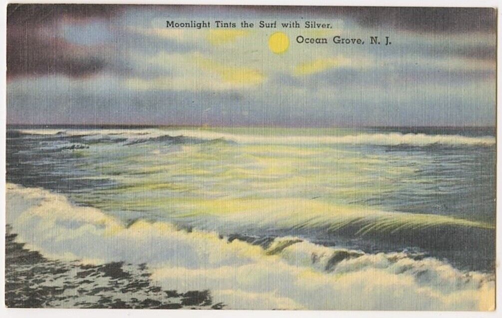 Ocean Grove NJ Moonlight Tints the Sand with Silver 1946 Vintage Postcard